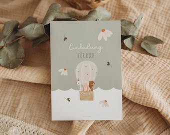 Einladungskarte 1. Geburtstag Bär Salbei Heißluftballon Blumen Baby Babyparty Einladung Kindergeburtstag erster Geburtstag Sommer boho