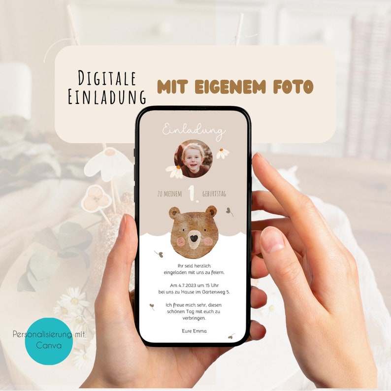 1. Geburtstag Einladung whatsApp Handy digital Bär Party Kindergeburtstag image 1