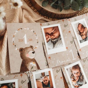 Pu&ograve; includere: Una collezione di biglietti per bambini con foto, con un'illustrazione di orso e la scritta "Dein Jahr". Le carte sono disposte con foto di un bambino, con numeri e la parola "Monat" su alcune carte.