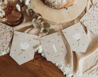Girlande Mädchen erster Geburtstag Waldtiere 1. Geburtstag Tiere Babyparty Dekoration Boho Tischdekoration Blumen beige neutral