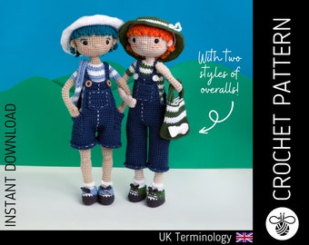 Doll CROCHET PATTERN - Maisie, amigurumi doll pattern, download PDF pattern for crochet doll, overalls and accessories, Crochet Doll Pattern