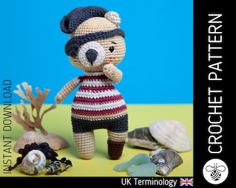 Poupée ours pirate CROCHET CROCHET, patron PDF amigurumi téléchargeable pour faire un adorable nounours pirate au crochet & accessoires