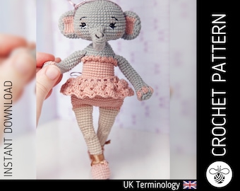 Nellie the Ballerina CROCHET PATTERN, amigurumi elephant ballet doll pattern, downloadable PDF pattern for crochet doll, Crochet Toy Pattern