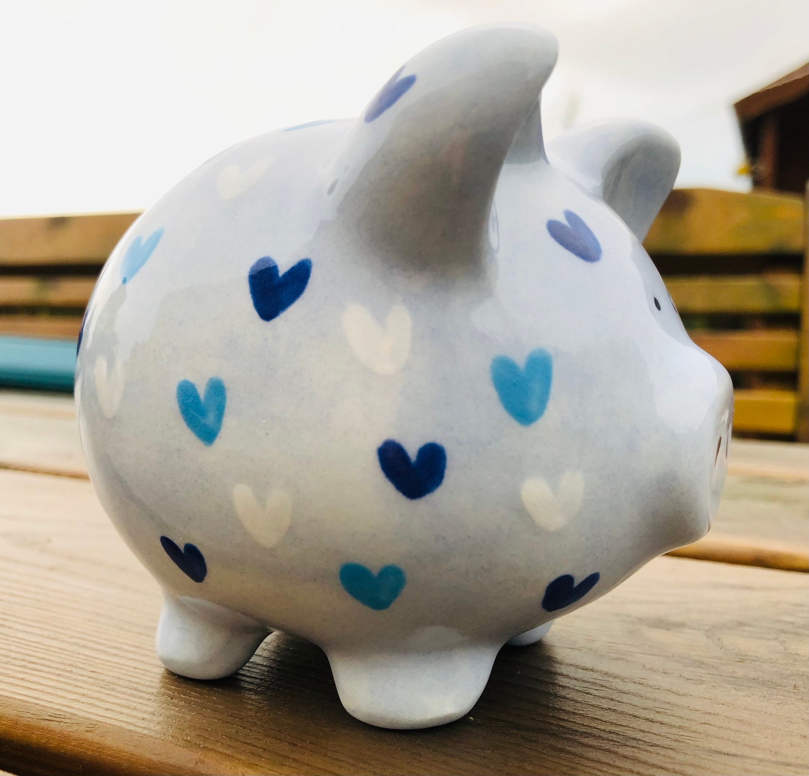Blue and White Heart Piggy Bank.