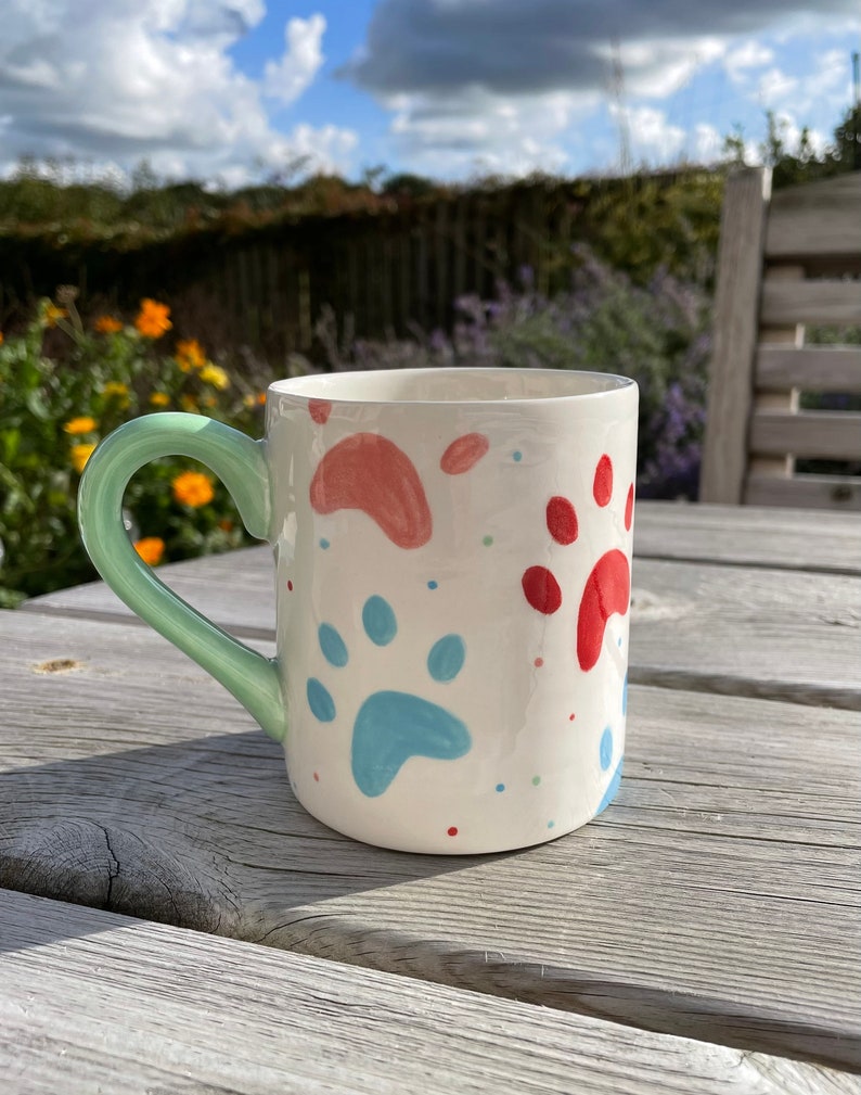 Paw Print Multicoloured Mug, Ceramic Pottery Shop , Hand Painted Kitchen Gifts, Mothers Day Gift, Easter, Pets, Dogs, Cats image 1