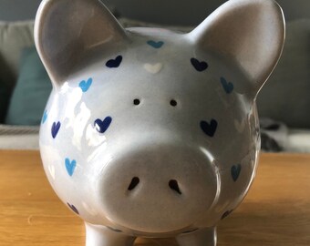 Hand-Painted Ceramic Piggy Bank: Blue Heart Pottery, Christening Gift, Children’s Gift, Medium