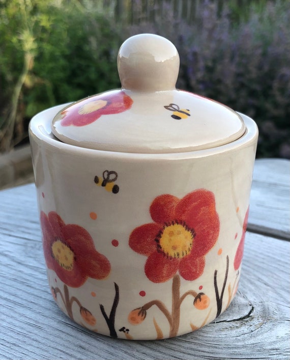 Red Poppy, Busy Bee, Sugar Bowl, Hand Painted, Kitchenware, Gifts