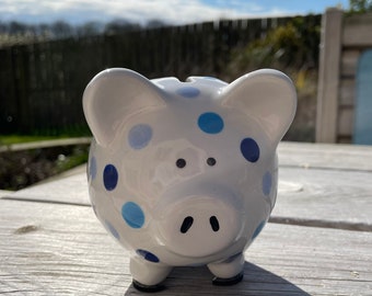 Hand Painted White Piggy Bank with Blue Polka Dot Spots, Small, Ceramic Pottery Shop, Gifts for Children