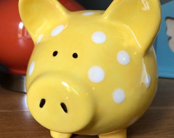 Yellow and White Polka Dot Piggy Bank. Hand Painted. Traditional. Ceramic Pottery, Medium, Gifts for Children, Baptism, Christening Gift