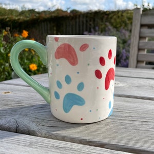 Paw Print Multicoloured Mug, Ceramic Pottery Shop , Hand Painted Kitchen Gifts, Mothers Day Gift, Easter, Pets, Dogs, Cats image 2