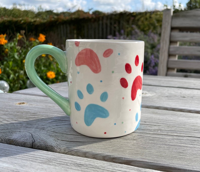 Paw Print Multicoloured Mug, Ceramic Pottery Shop , Hand Painted Kitchen Gifts, Mothers Day Gift, Easter, Pets, Dogs, Cats image 2