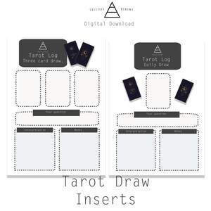 May include: Digital download of Tarot Draw Inserts. The inserts feature a black and white design with spaces for a three-card draw and a daily draw. Includes areas for interpretation and notes, with the text "Your question".