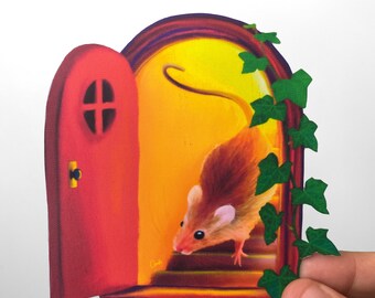 May include: A small, brown mouse peeks out from a red door with a small window. The door is open and the mouse is on a set of stairs leading into a yellow and orange room. The room is decorated with green ivy.