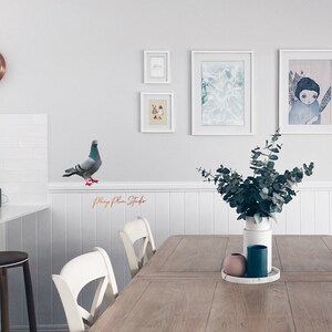 May include: A light gray pigeon with red feet is perched on a white ledge. The pigeon is in front of a white wall with framed artwork. The artwork includes a seascape, a landscape, and a portrait. There is a wooden table with white chairs and a vase of eucalyptus in the foreground.