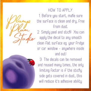 May include: Instructions on how to apply decals. The text reads "Plum Plum Studio" and "HOW TO APPLY: 1. Before you start, make sure the surface is clean and dry, free from dust. 2. Simply peel and stick! You can apply the decal to any smooth clean flat surface eg. your fridge or car window - anywhere inside and out! 3. The decals can be removed and reused many times, the only limiting factor is if the sticky side gets covered in dust, this will reduce it's adhesive ability."