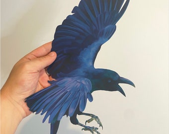 Décalcomanie de corbeau, décalcomanie en vinyle de corbeau volant, cadeau d’amoureux des oiseaux, corbeau noir gothique illustré, peel/stick, décalcomanie en vinyle repositionnable, extérieur/intérieur