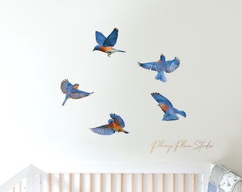 Set of Blue bird decals (bundle of 5), realistic blue bird wall stickers, indoor/outdoor repositionable luxury textured vinyl, car decals
