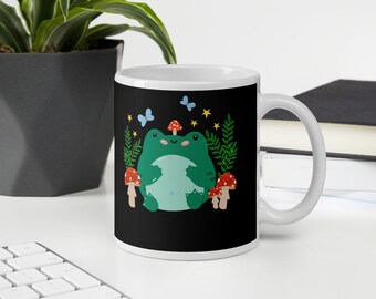 Cute Kawaii Frog Mug – Cottagecore Aesthetic, Mushroom & Butterfly Design
