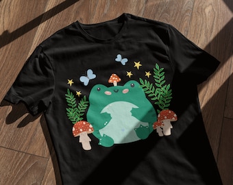 Kawaii Frog T-Shirt – Cottagecore Mushroom Butterfly Design