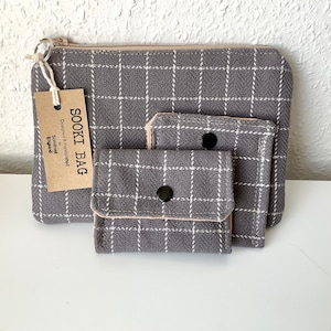 Bolsas hechas a mano - Juego de 3 a cuadros grises - Bolso de mano pequeño, bolso con cremallera con auricular/monedero y tarjetero - Juego de regalo perfecto
