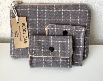 Handmade Grey Checked, Set of 3, Small Clutch, Zipper Pouch with Ear Bud/Coin Purse & Card Wallet, Perfect Gift Set