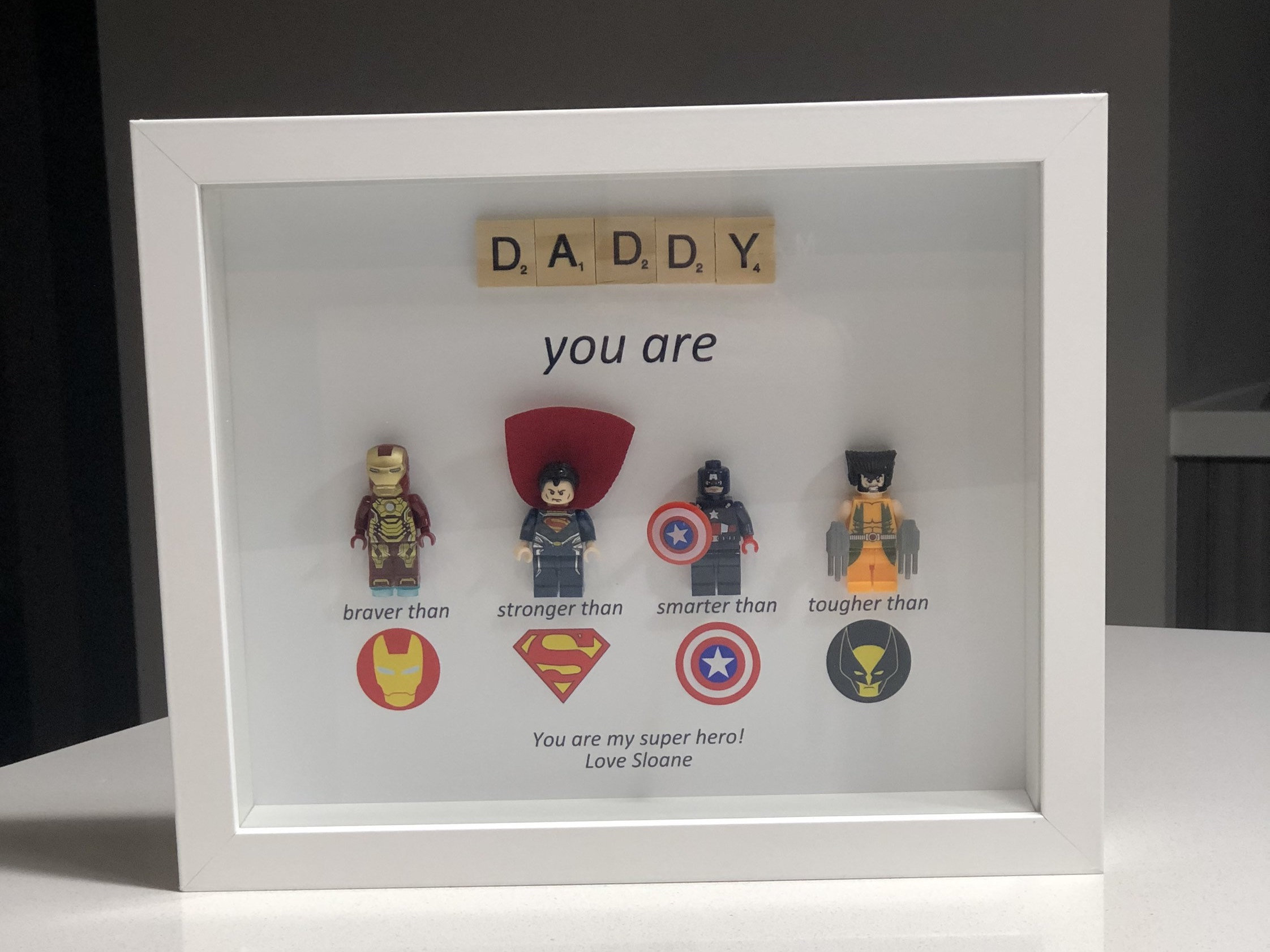 Minifigure & Scrabble Superhero Frame, Personalised Minifigure & Scrabble Superhero Frame, Personalised