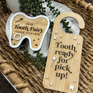 Tooth Fairy BUNDLE: tooth fairy tray and door hanger, tooth fairy keepsake, tooth ready for pick up, dear tooth fairy