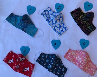 Face Masks Cover with Elastic Ear Loops, Filter Pocket, Wire Nose Piece. Double Layered Cotton, Washable,  Multiple Patterns