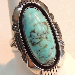 Heavy Sterling Silver Turquoise Ring - Oval Stone, Size 9