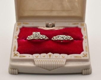 Vintage 14K White Gold Natural Diamond Wedding Ring Set; Size 6.5