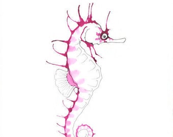 Ink Seahorse, A5, A4, Seahorse Art, Giclee Print, Ink Illustration, Colourful Fish Print