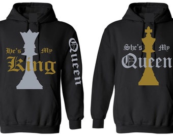 Roi & reine hoodies pour couple noir sweat à capuche
