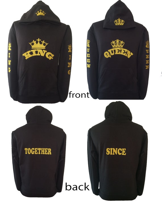 King Queen Hoodies for Couple Black Hooded Sweatshirt Glitter Design With Customize Your Name or Date on the Back Etsy