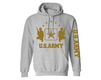 US Army hoodie USA Military U.S America Army Gray hooded sweatshirt shiny gold design