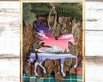 HAND PAINTED Wooden Unicorn Pegasus Ornament Set, Christmas, Gift for Her, Holiday Gift, Landscape Painting, Holiday Decor, Ornament