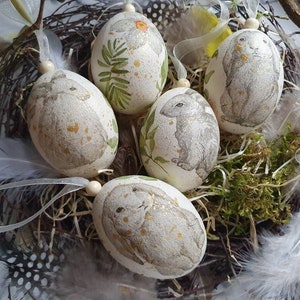 Set of five hand painted hanging plastic eggs, acrylic paint, decoupage, Easter decorations, Easter gift, Easter ornaments, Easter rabbits