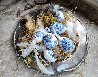 Set of 6 Blue and white Easter eggs, decoupage, hand painted