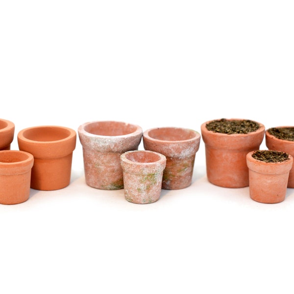 3 Miniature Terracotta Plant Pots Weathered 1:12 Scale Dolls House Garden Shed Pot Flowers Plants Potting Compost Soil