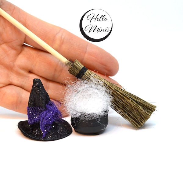 Miniature Halloween Set Metal Cauldron Hat Broom Witch's Hat Potions Potion 1:12 Scale Dolls House Halloween Decoration