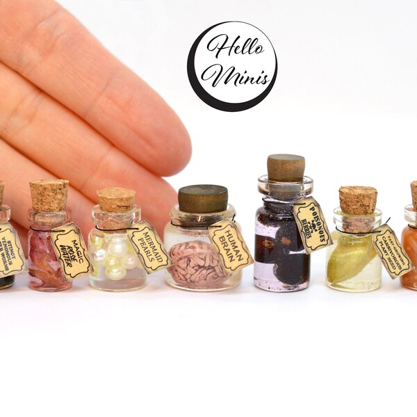 Miniature Vintage Jars Mini Glass Jars Apothecary Dolls House Halloween Witch 1:12 Scale Mini Cork Bottle HelloMinis Hello Minis