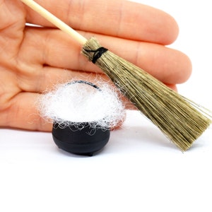 Miniature Halloween Set Cauldron and Broom  Witch Wizard Potion Potions 1:12 Scale Dolls House Halloween Decoration