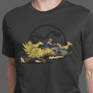 Jurassic Fantasy - Parody T-Shirt, Mashup Tee, Funny T-Shirt, Chocobo T-Shirt, Gamer Tee, Fantasy RPG Tee, Cloud T-Shirt