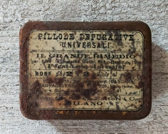 Vintage Tin Box "Universal Depurative Pills - The Great Remedy... - Lab. Factors - Milan " // Rare Object, Collectible!