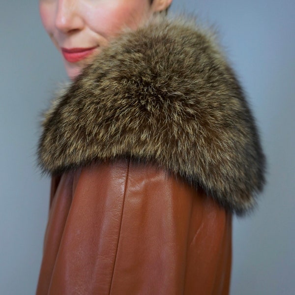 Vintage 1960s Bonnie Cashin coat/ Leather Jacket/ Sills/ Coach/ 1970s/ Trench coat/ Fur/ American Designer/ Autumn/ Winter/ brown/ Tan