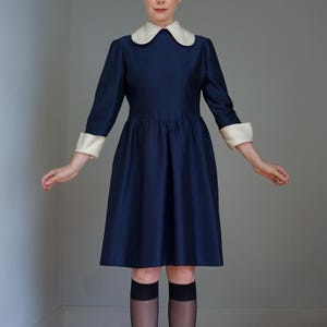 Vintage 1970s Geoffrey Beene Navy Silk Dress | Peter Pan Collar | UK 10 / US 6