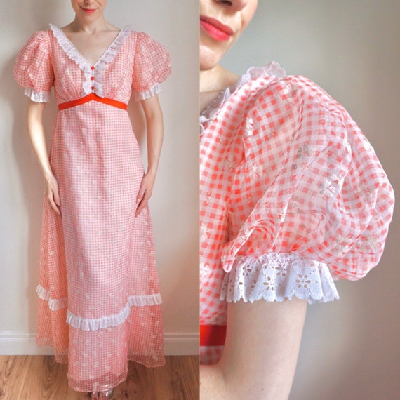 Vintage 70s Dress/ 1970s Red Gingham Maxi/ Empire/