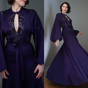 Vintage Jean Varon 1970s Purple Maxi Dress Sequin Evening Gown Keyhole Neck Bishop Sleeves Plum Eggplant Hollywood John Bates