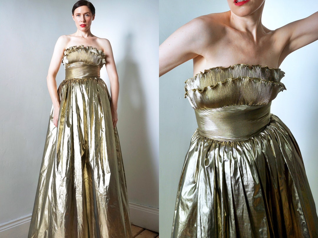 FRANK USHER vintage 1970s green embroidered net gown, ruffle neckline, full sweep party dress