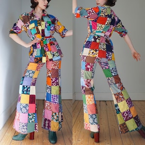 Vintage 1970er Hosenanzug Patchwork Indisch Baumwolle Festival Bunt Lebendiger Boho Hippie Dopamin Safari Western Crazy Batik Block Print Klein