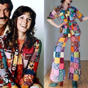 Vintage 1970s Pant Suit Patchwork Indian Cotton Festival Colourful Vibrant Boho Hippie Dopamine Safari Western Crazy Batik Block Print Small